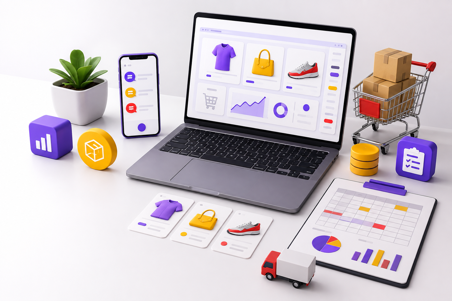 لپ‌تاپ، موبایل و عناصر بصری مدیریت محصول، سفارش و فایل داده برای ادمین آنلاین‌شاپ