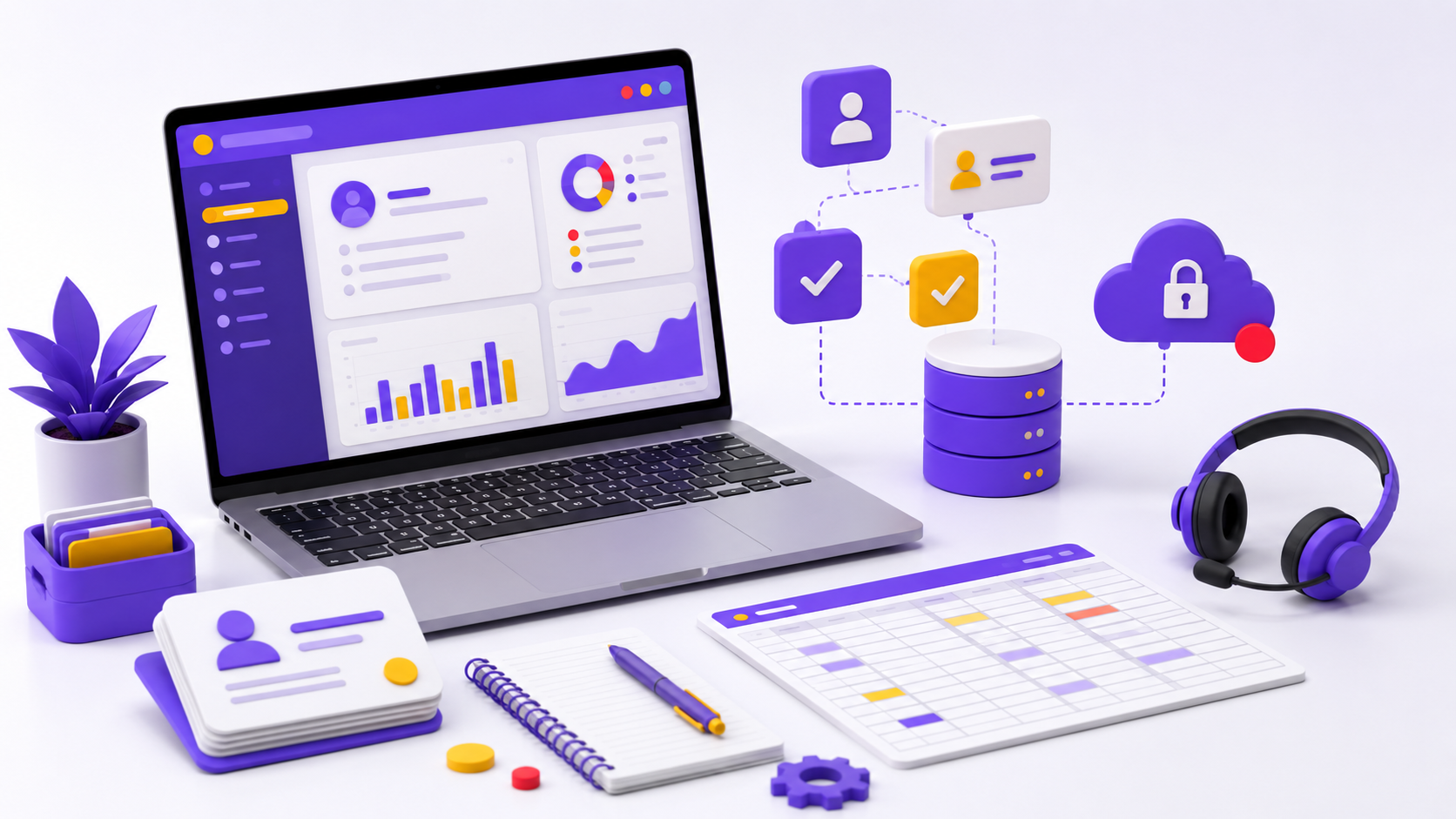 میز کار اپراتور CRM با لپتاپ، نمودار داده مشتری و ابزارهای گزارشگیری