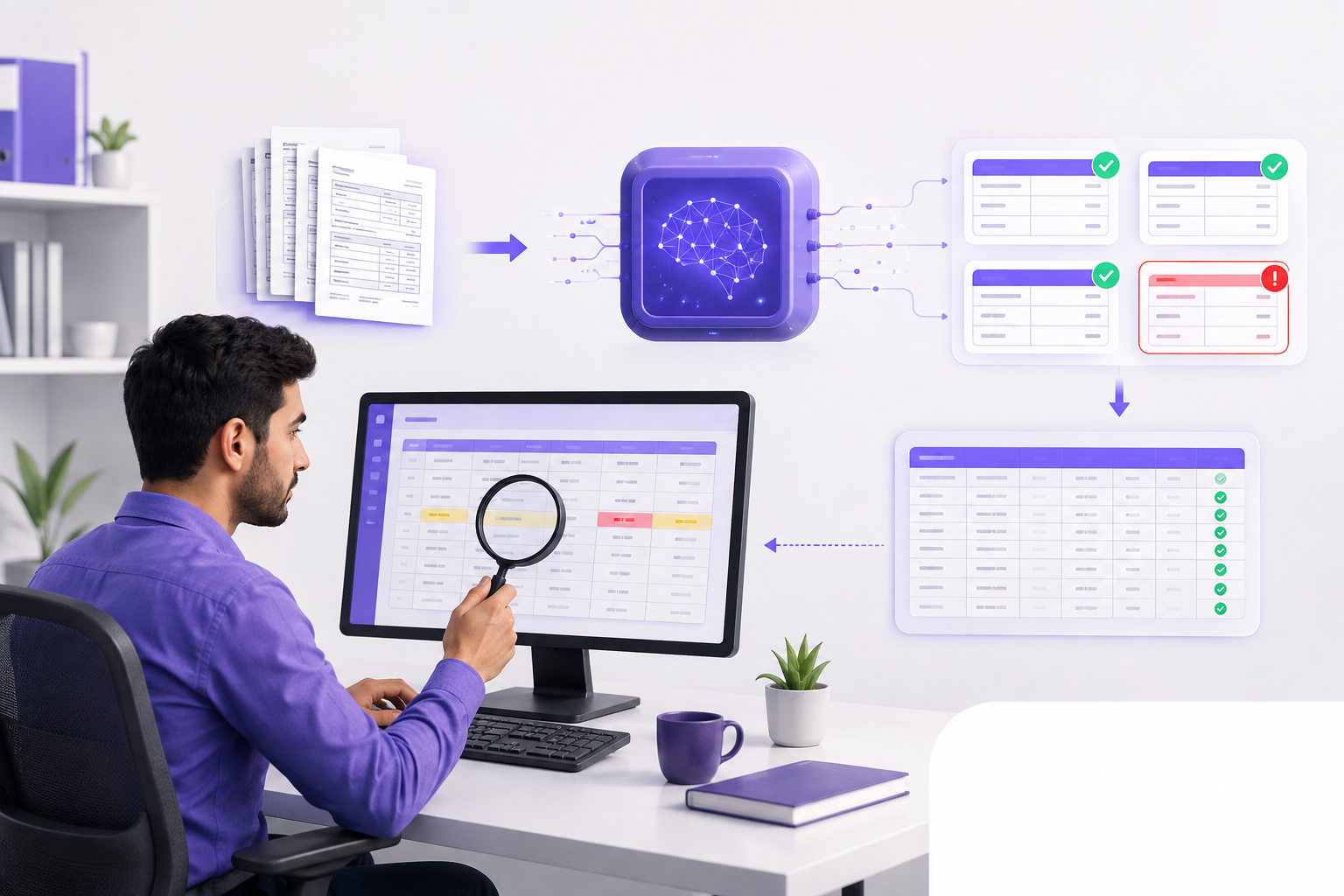 اپراتور داده در حال بررسی خروجی هوش مصنوعی و کنترل کیفیت اطلاعات