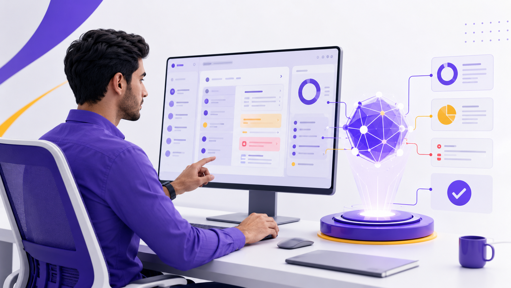 اپراتور CRM در کنار دستیار هوش مصنوعی برای تحلیل و کنترل دادههای مشتری