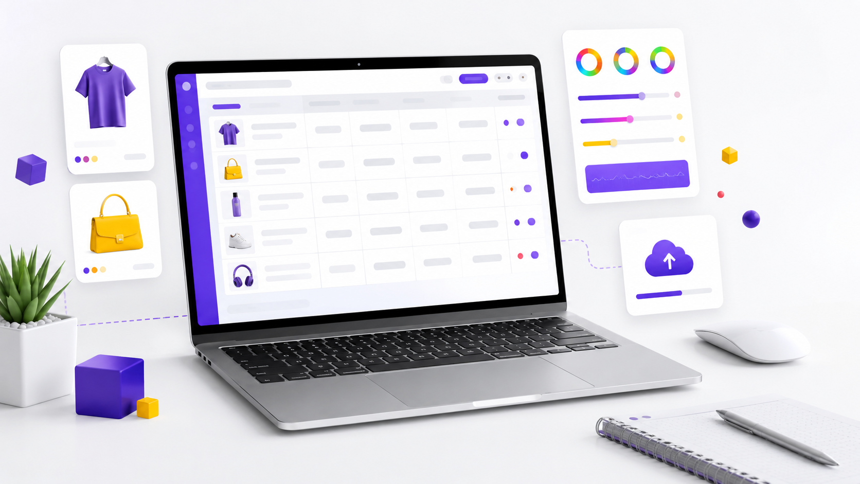میز کار دیجیتال با لپتاپ، فایل داده، تصاویر محصول و ابزارهای مدیریت فروشگاه اینترنتی