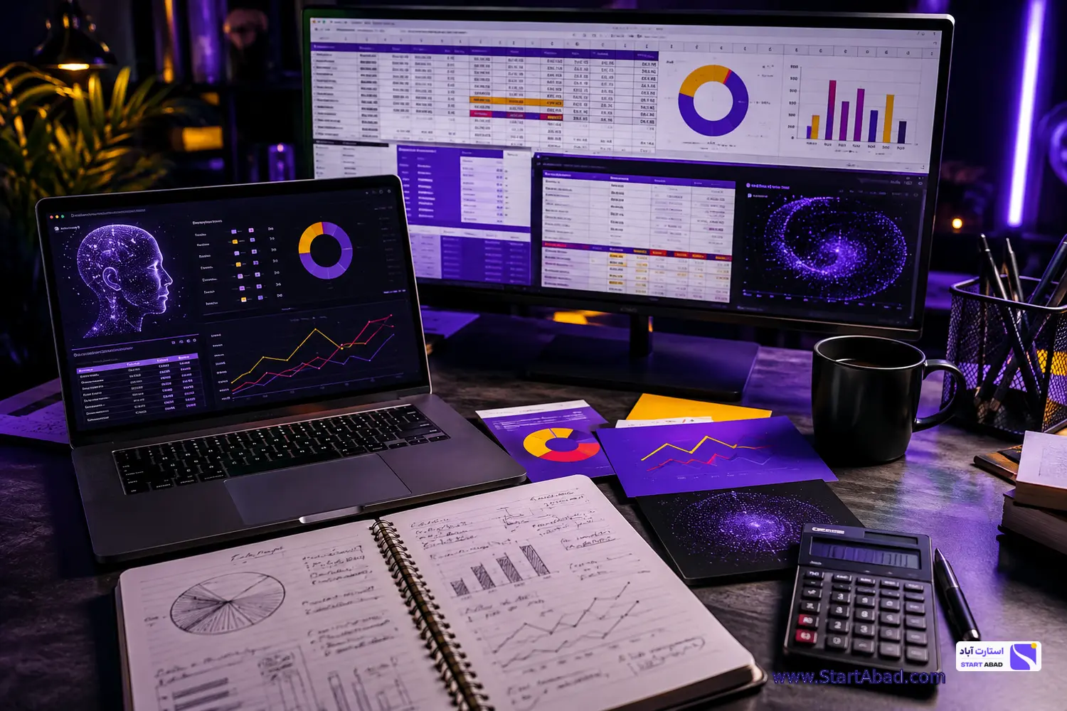 لپتاپ و عناصر بصری داده برای نمایش ابزارهای تحلیل داده با اکسل و هوش مصنوعی