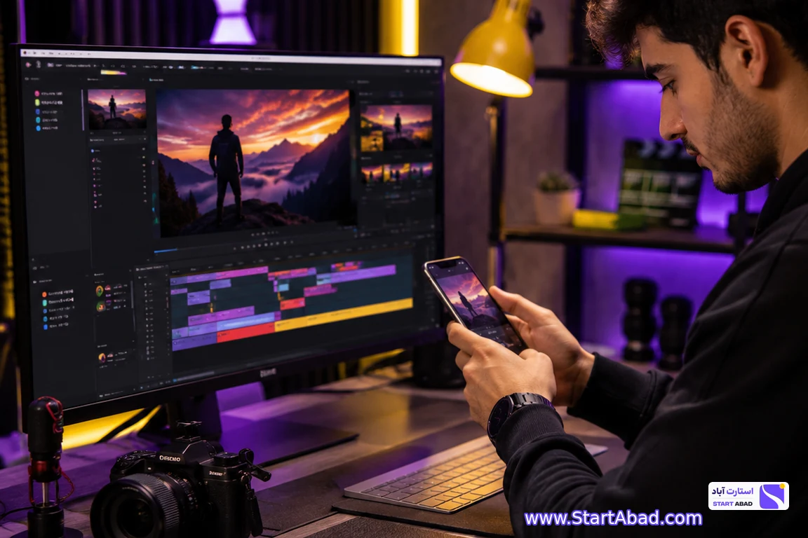 هنرجوی مرد در حال تدوین و بازبینی ویدئوی ضبطشده با موبایل در فضای آموزشی مدرن