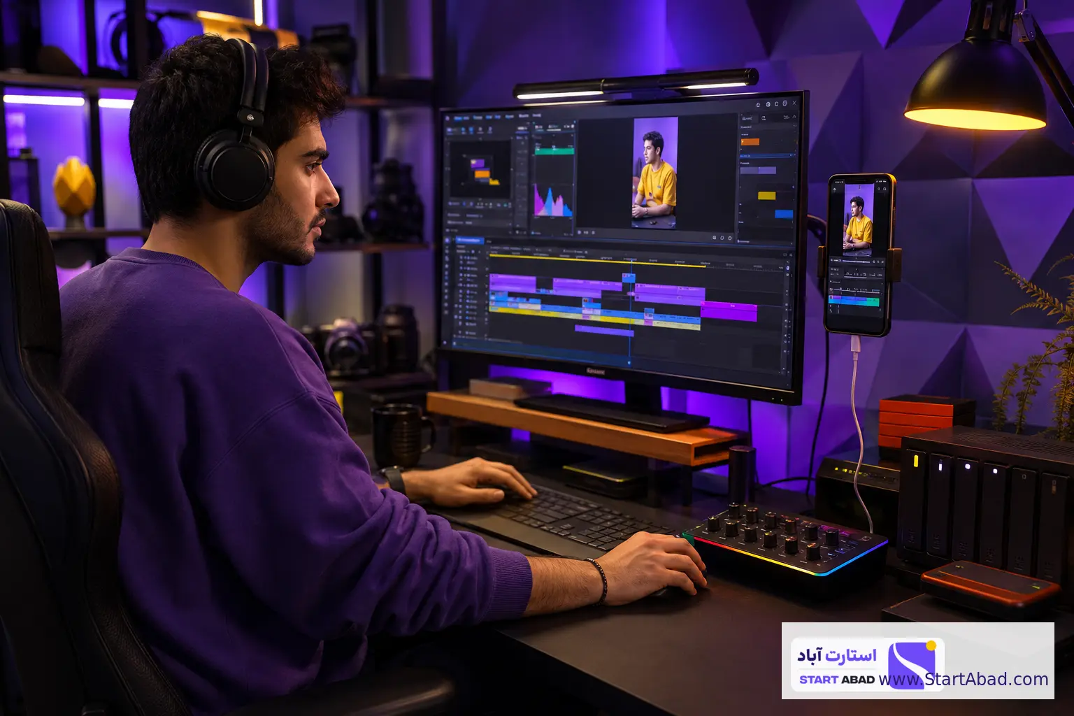 تدوینگر جوان در حال بازبینی ویدئوی عمودی ضبط‌شده با موبایل روی رایانه