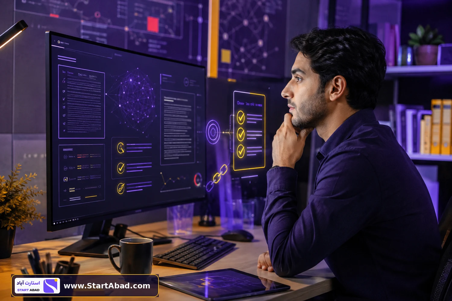 دستیار سئوی مرد در حال بررسی خروجی هوش مصنوعی و کیفیت مقاله